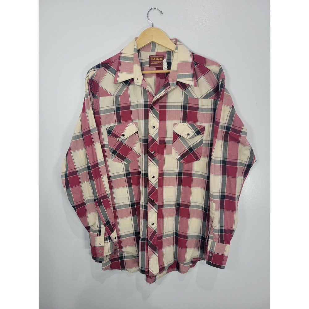 Rustler Mens Western Pearl Snap Plaid Shirt Red Cream X-Long Tails XL Tall